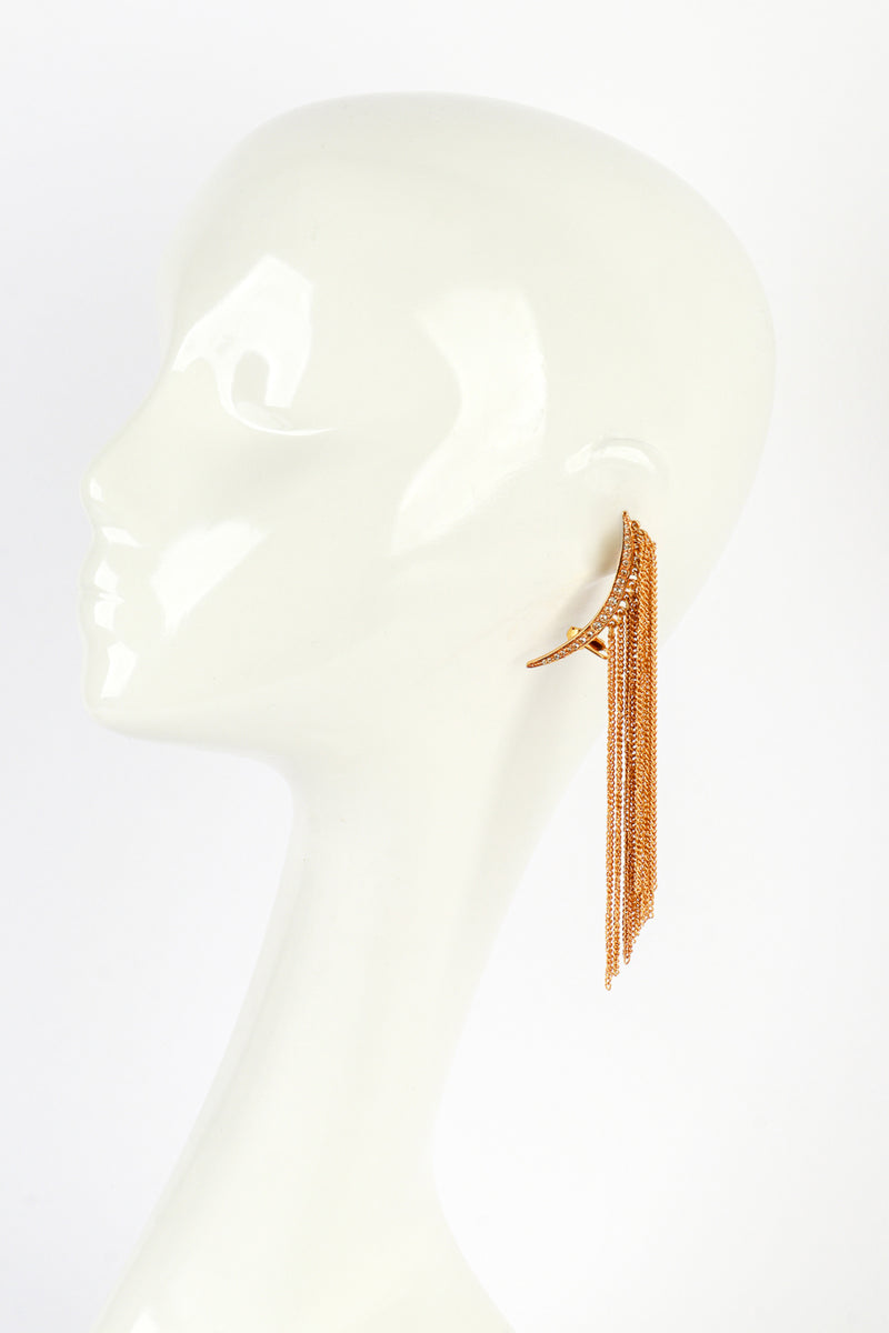 Vintage Oscar de la Renta Golden Crescent Moon & Falling Fringe Crawler Earrings on mannequin @recess la