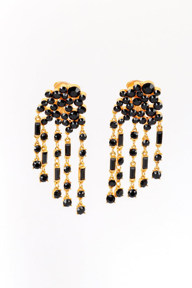 Vintage Oscar de la Renta Black Rhinestone Cluster Waterfall Earrings front @recess la