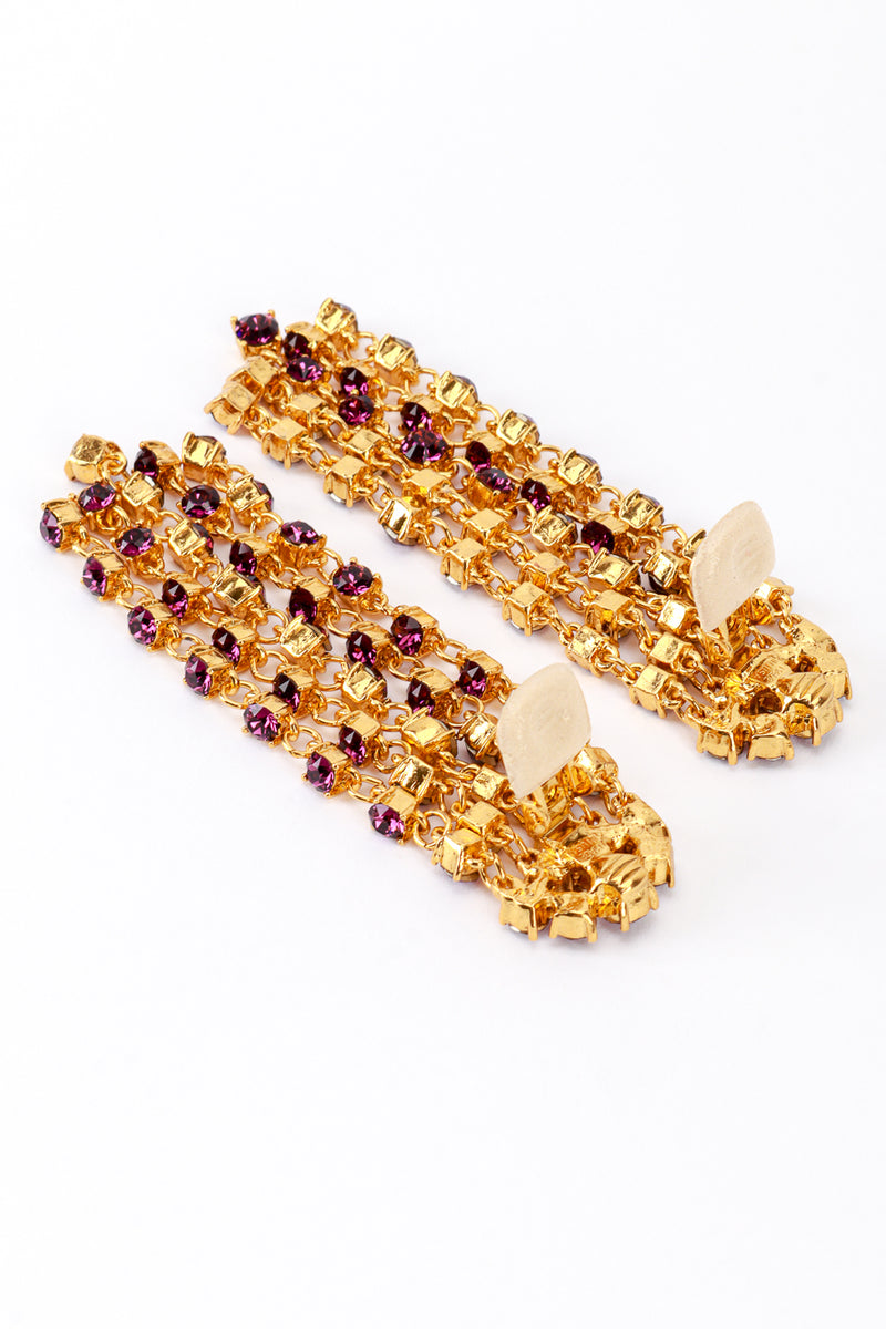 Vintage Oscar de la Renta Deco Fan Amethyst Rhinestone Fringe Earrings back clips open @recess la