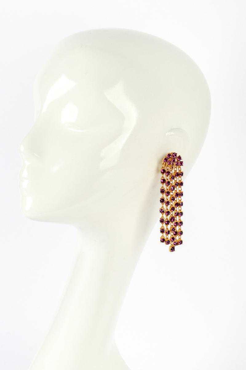 Vintage Oscar de la Renta Deco Fan Amethyst Rhinestone Fringe Earrings on mannequin @recess la