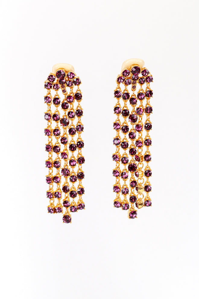 Vintage Oscar de la Renta Deco Fan Amethyst Rhinestone Fringe Earrings front @recess la