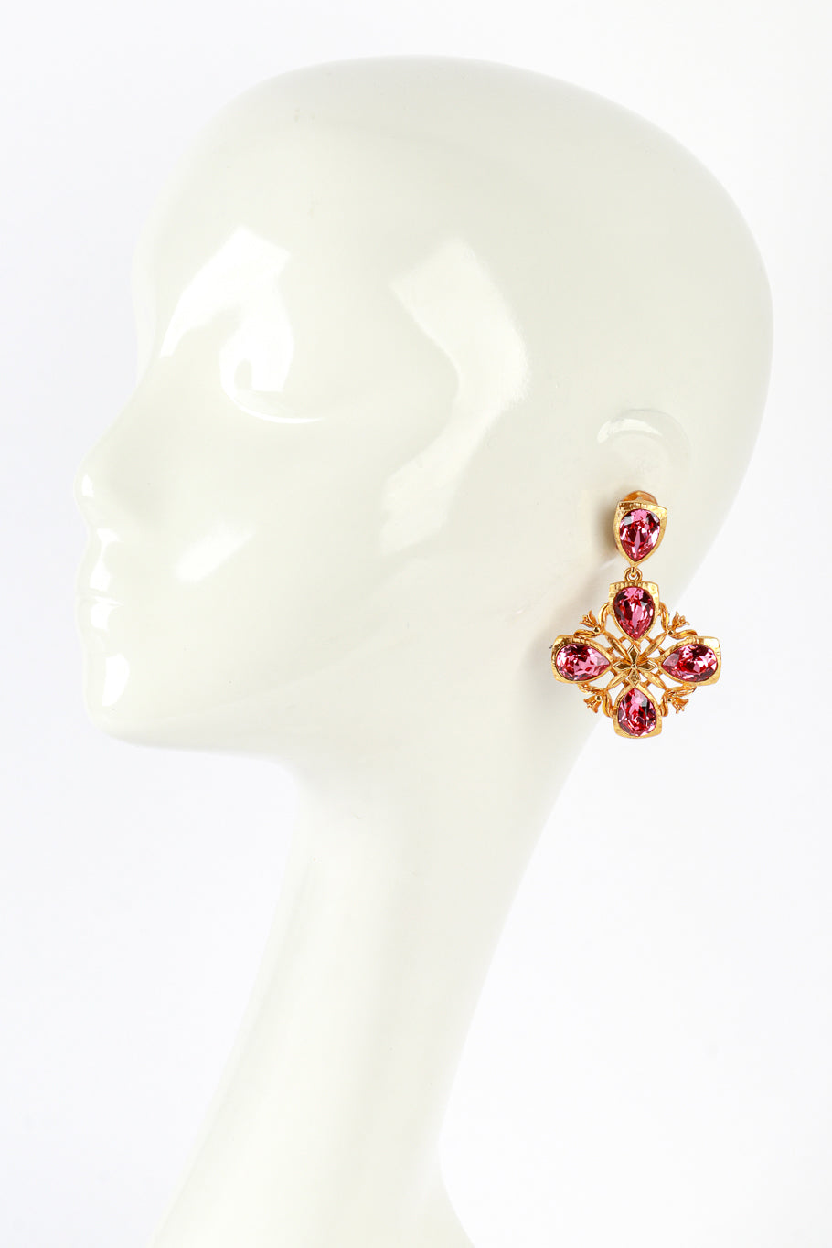 Vintage Oscar de la Renta Pink Crystal Cross Drop Earrings on mannequin @recess la