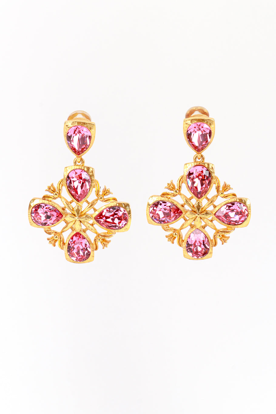 Vintage Oscar de la Renta Pink Crystal Cross Drop Earrings front @recess la