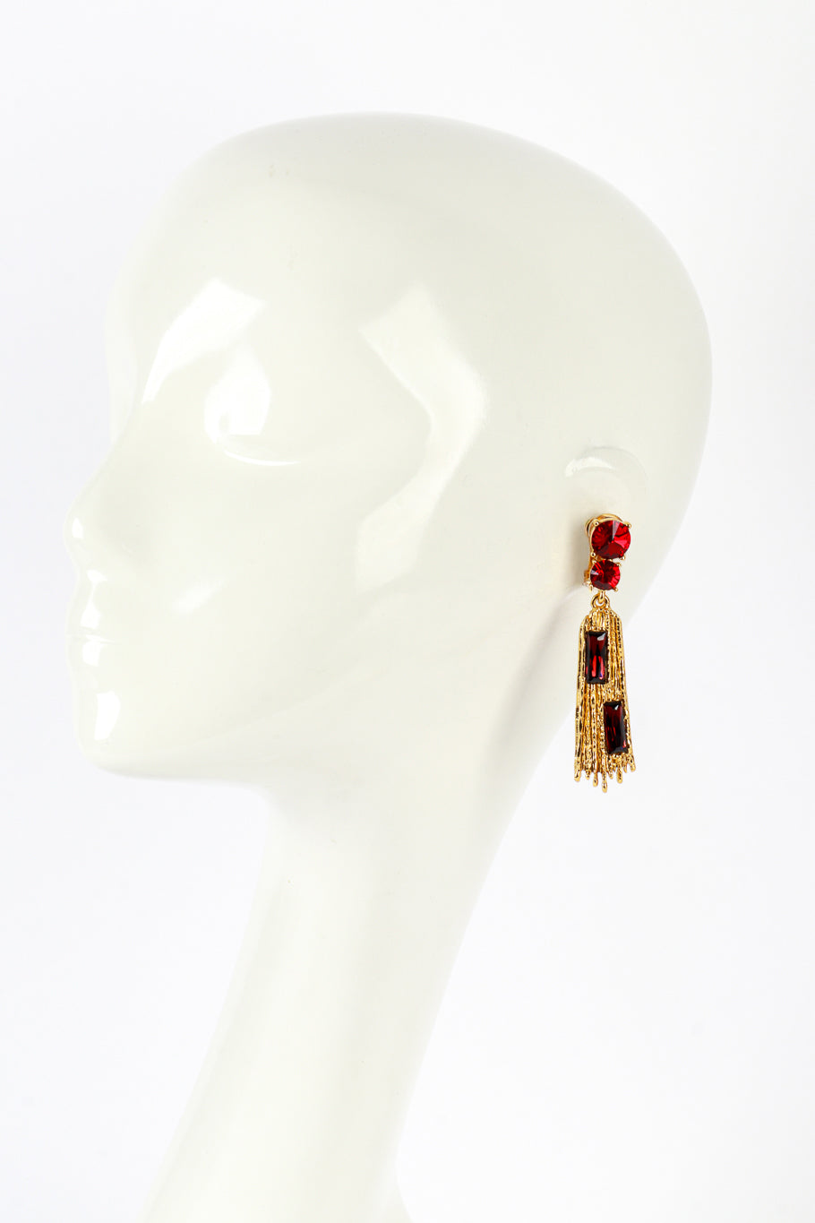 Vintage Oscar de la Renta Jeweled Brutalist Plate Drop Earrings on mannequin @recess la