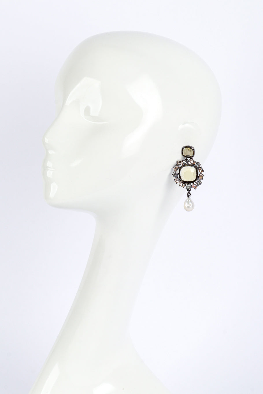 Vintage Oscar de la Renta Crystal Frame Pearl Drop Earrings on mannequin @recess la