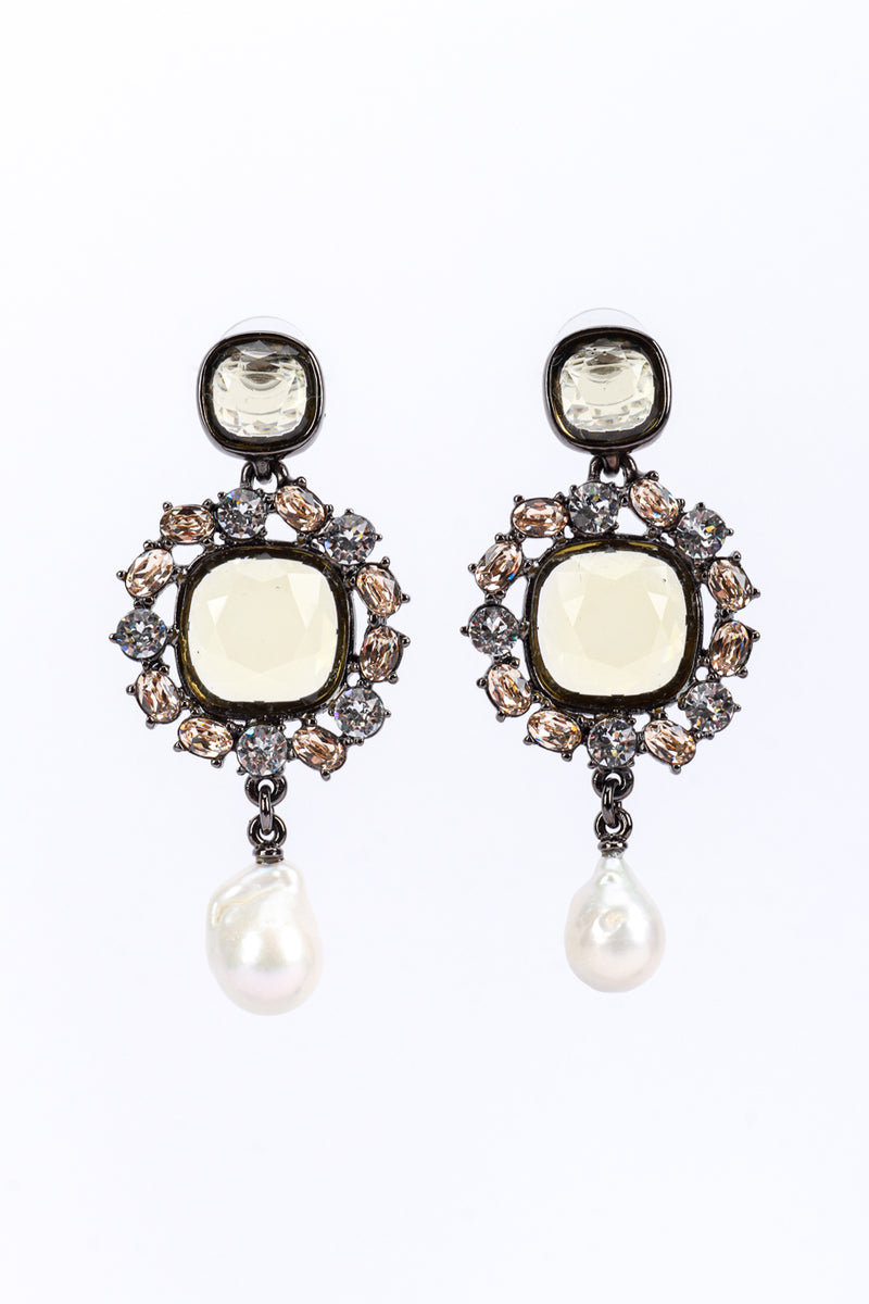 Vintage Oscar de la Renta Crystal Frame Pearl Drop Earrings front @recess la