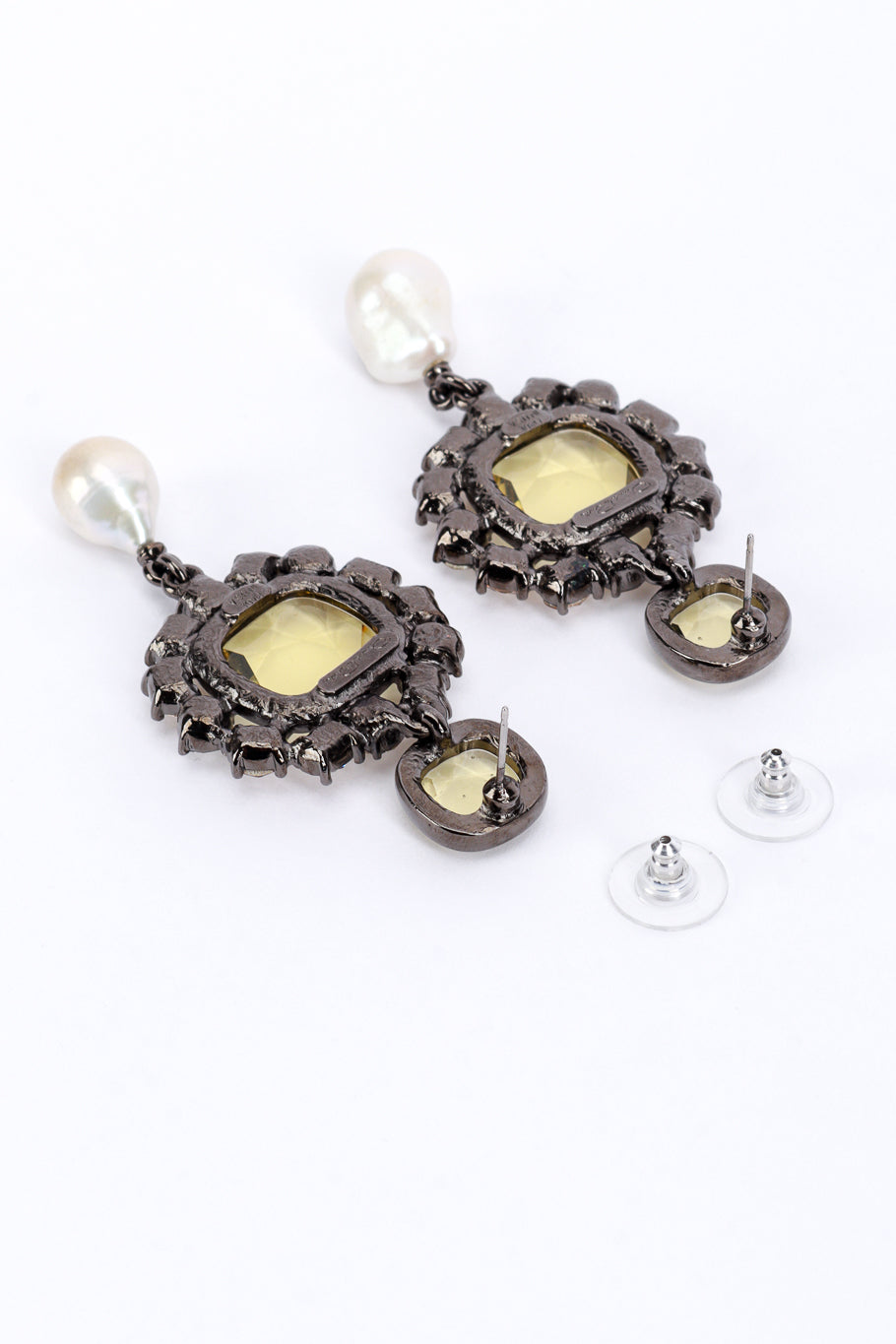 Vintage Oscar de la Renta Crystal Frame Pearl Drop Earrings back @recess la