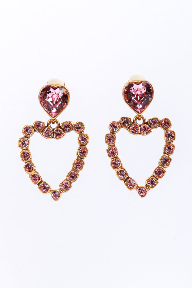 Oscar de la Renta Pink Crystal Heart Drop Earrings front @recess la