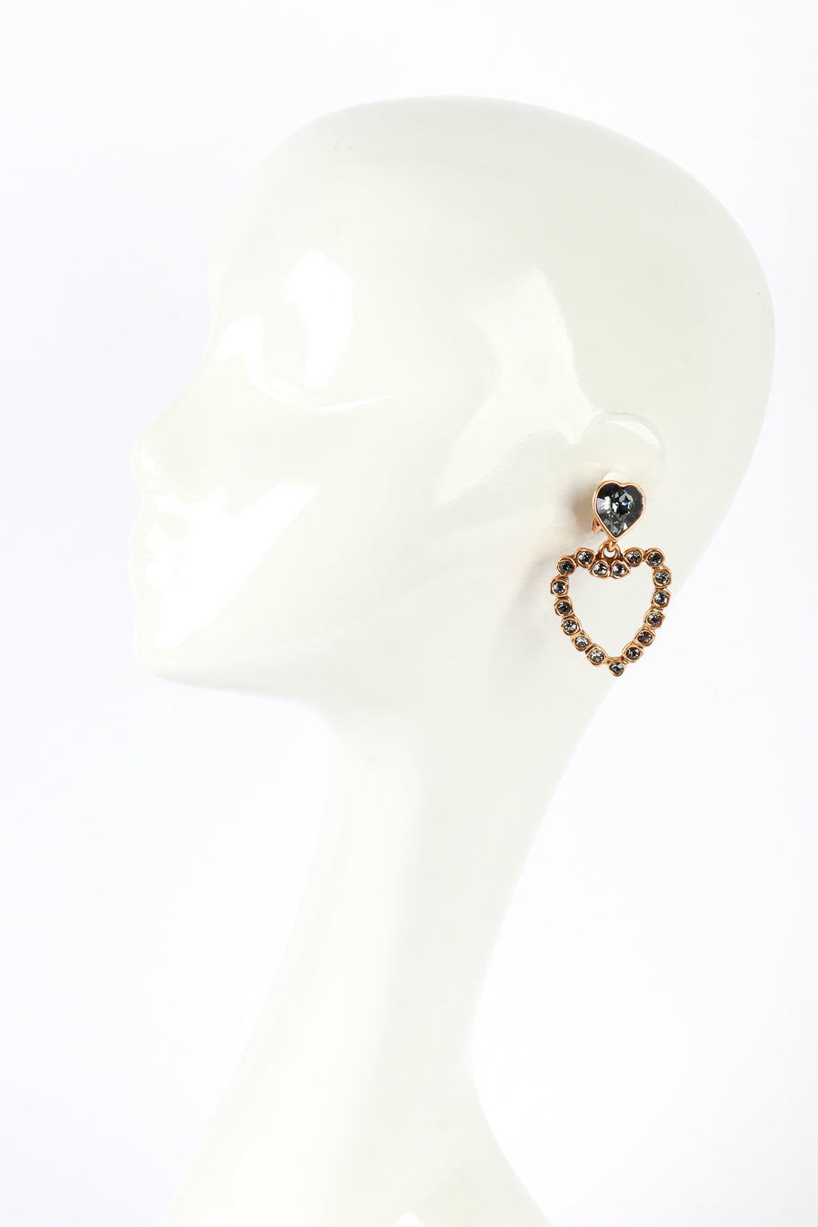 Oscar de la Renta Smoky Crystal Heart Drop Earrings on mannequin @recess la