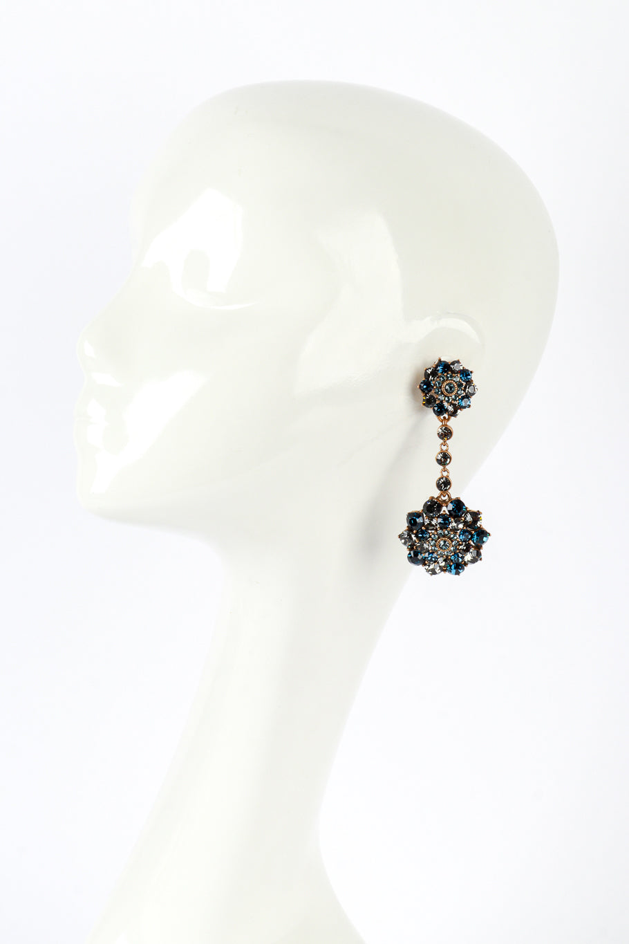 Vintage Oscar de la Renta Blues Crystal Floral Starburst Drop Earrings on mannequin @recess la