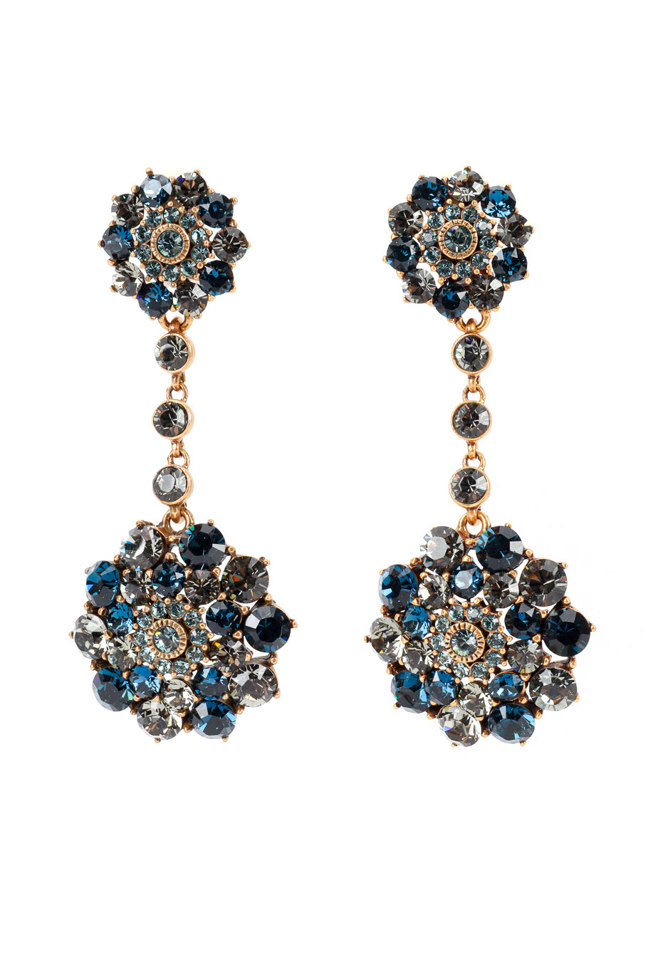 Vintage Oscar de la Renta Blues Crystal Floral Starburst Drop Earrings front @recess la