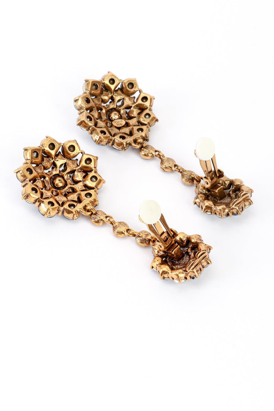 Vintage Oscar de la Renta Blues Crystal Floral Starburst Drop Earrings back clips open @recess la