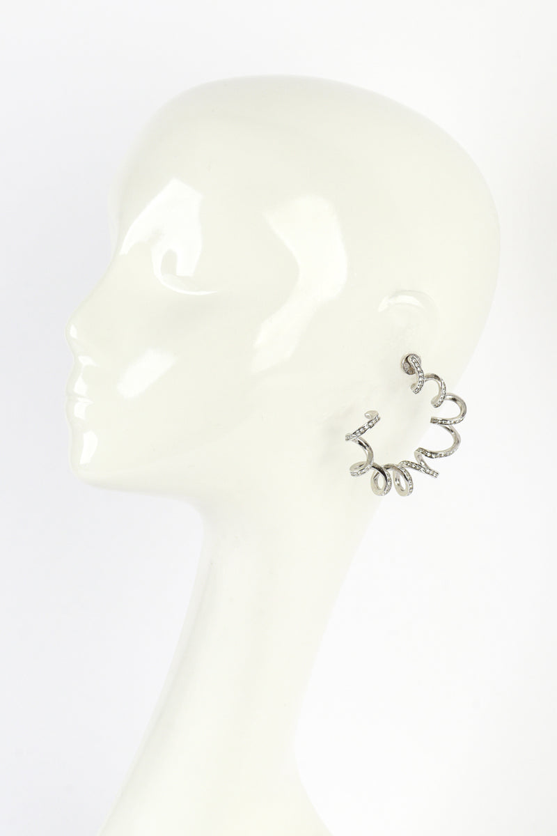 Vintage Oscar de la Renta Silver Rhinestone Coil Hoop Earrings on mannequin @recess la