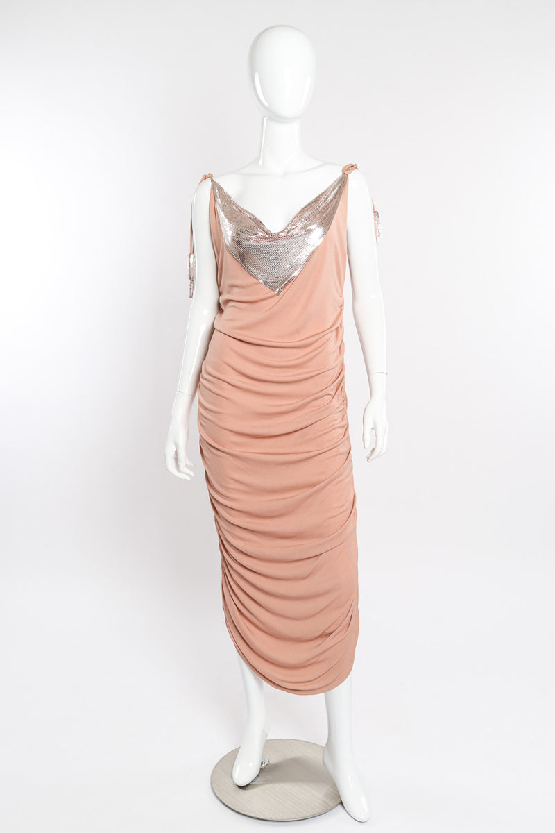 Metal cowl gown by Ferrera on mannequin @recessla