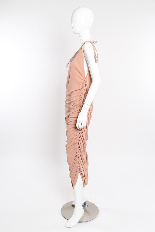 Metal cowl gown by Ferrera on mannequin side @recessla