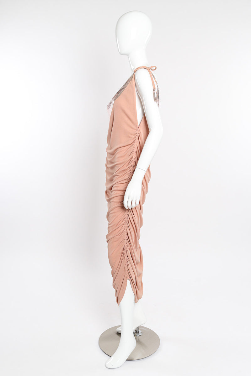 Metal cowl gown by Ferrera on mannequin side @recessla