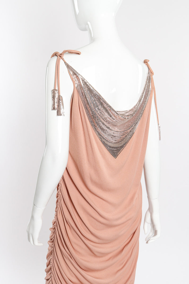 Metal cowl gown by Ferrera on mannequin back shoulder close @recessla