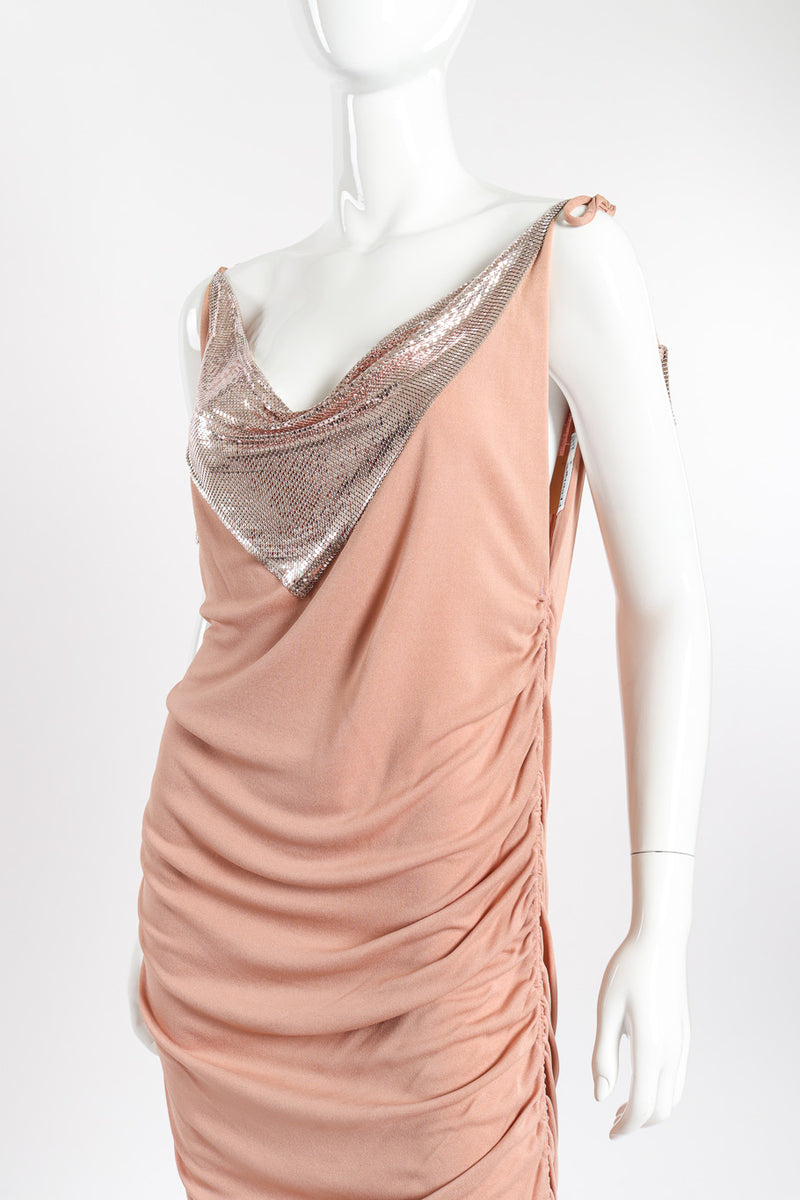 Metal cowl gown by Ferrera on mannequin bust close @recessla