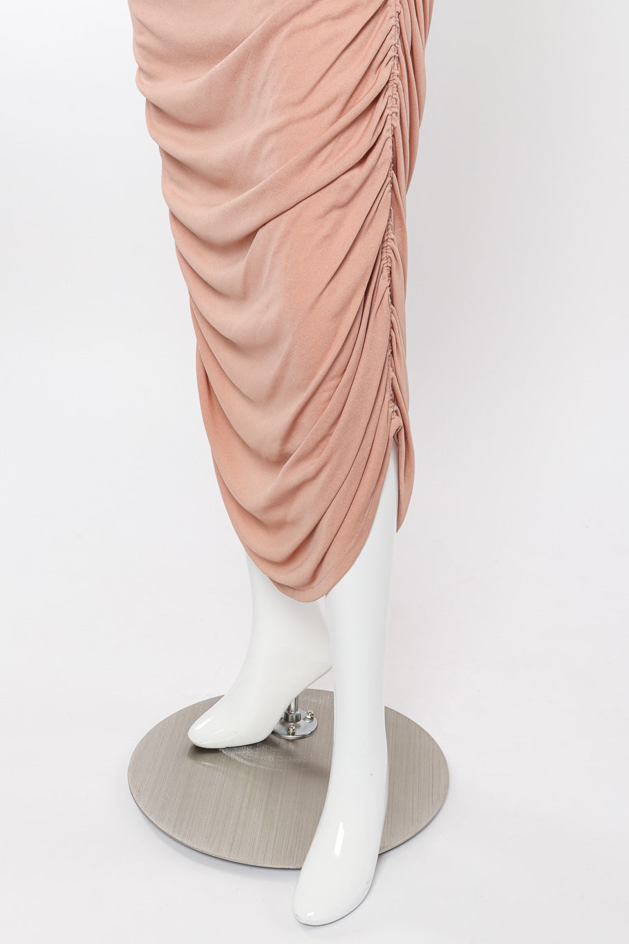 Metal cowl gown by Ferrera on mannequin hem close @recessla