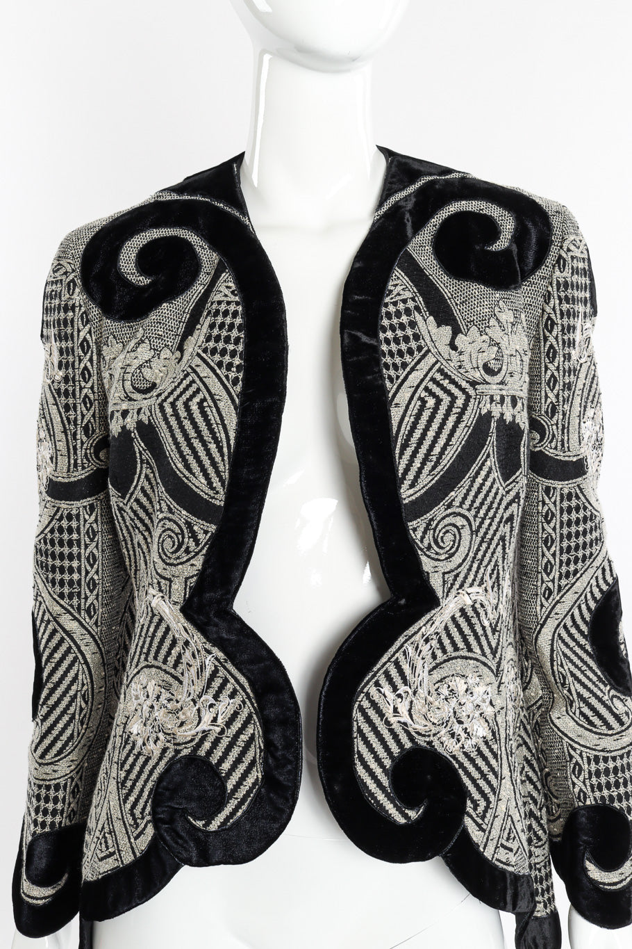 Vintage Gianfranco Ferre Woven Jacquard and Velvet Jacket front on mannequin closeup @recessla