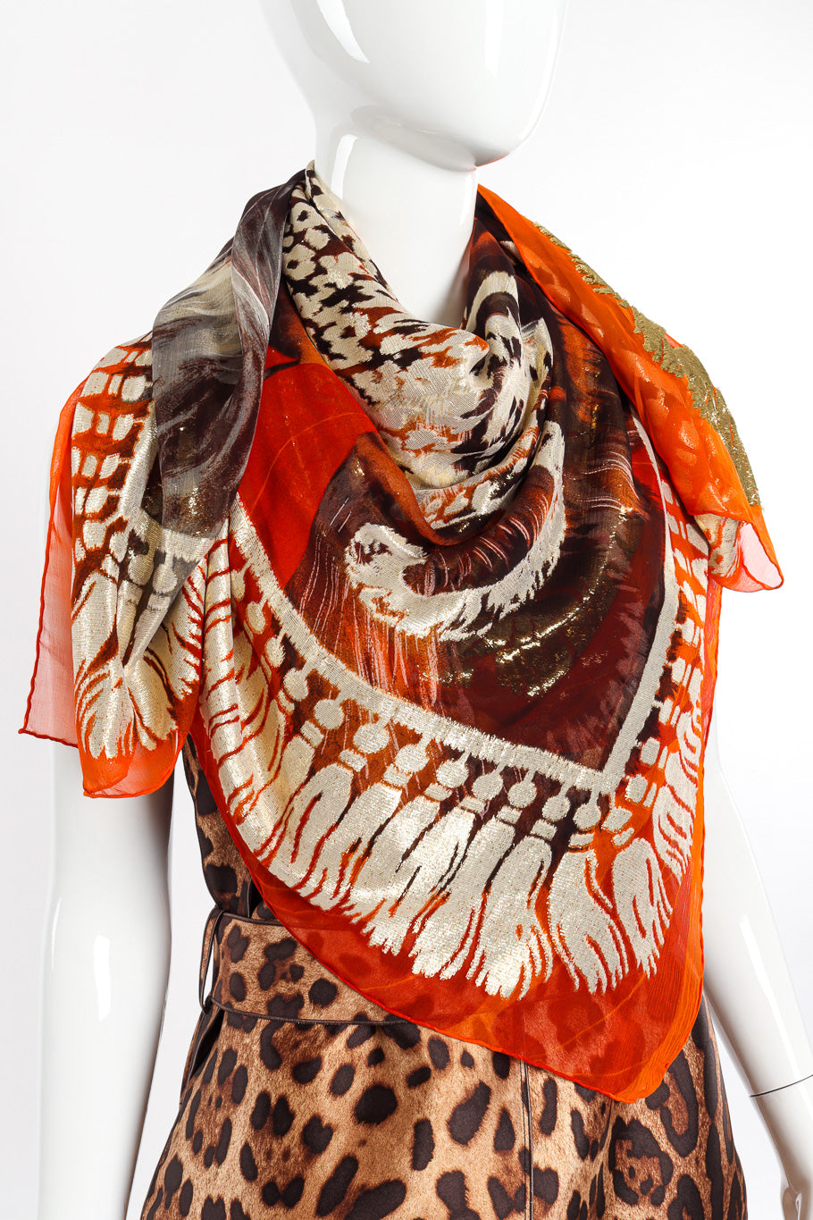 Vintage Gianfranco Ferre Silk Lamé Tiger Scarf draped on mannequin @recessla