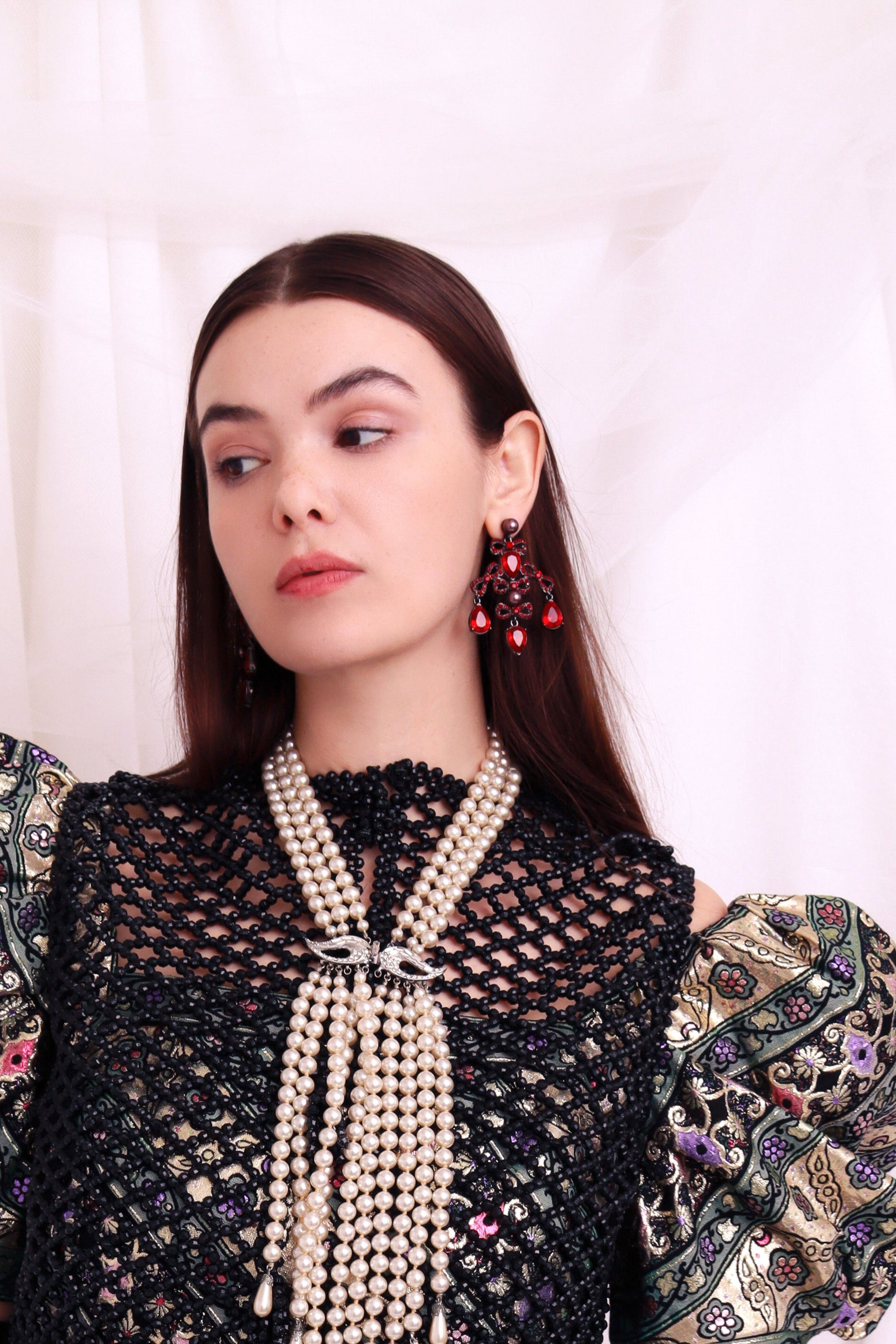 Oscar de la Renta Crystal Bow Chandelier Earrings on model @recess la