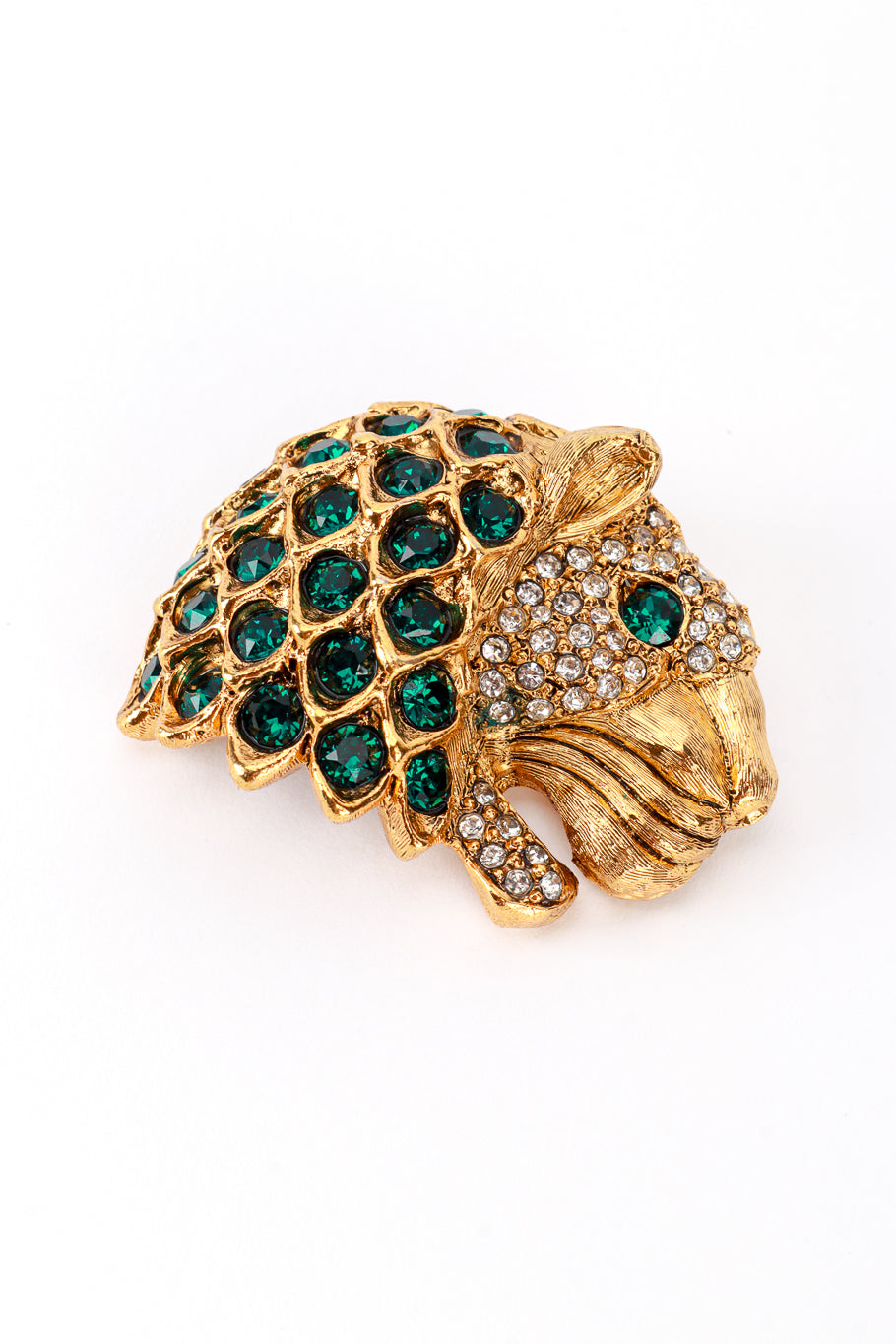 Vintage Kenneth Jay Lane Emerald Crystal Lion Head Brooch detail @recess la