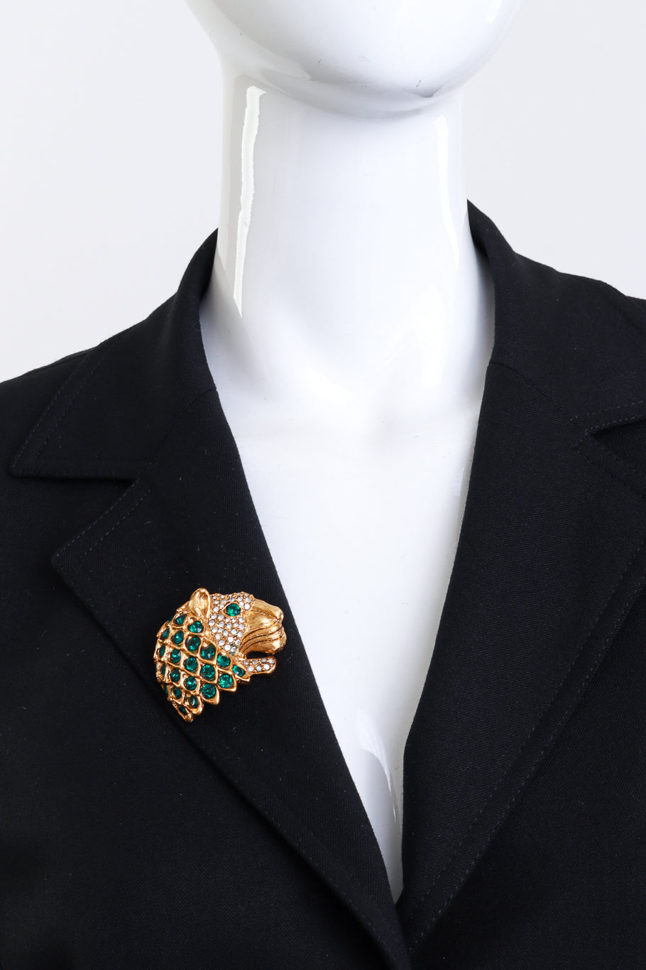 Vintage Kenneth Jay Lane Emerald Crystal Lion Head Brooch on mannequin @recess la