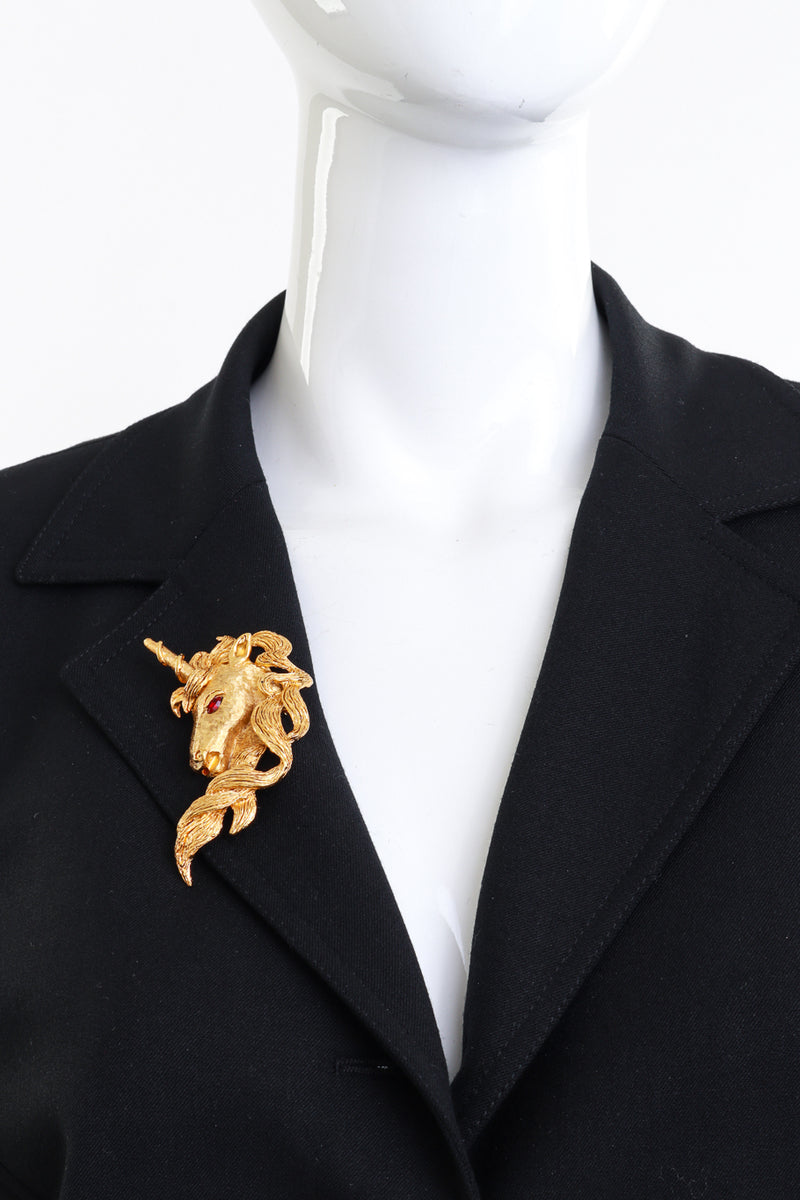 Vintage Kenneth Jay Lane Golden Unicorn Brooch on mannequin @recess la