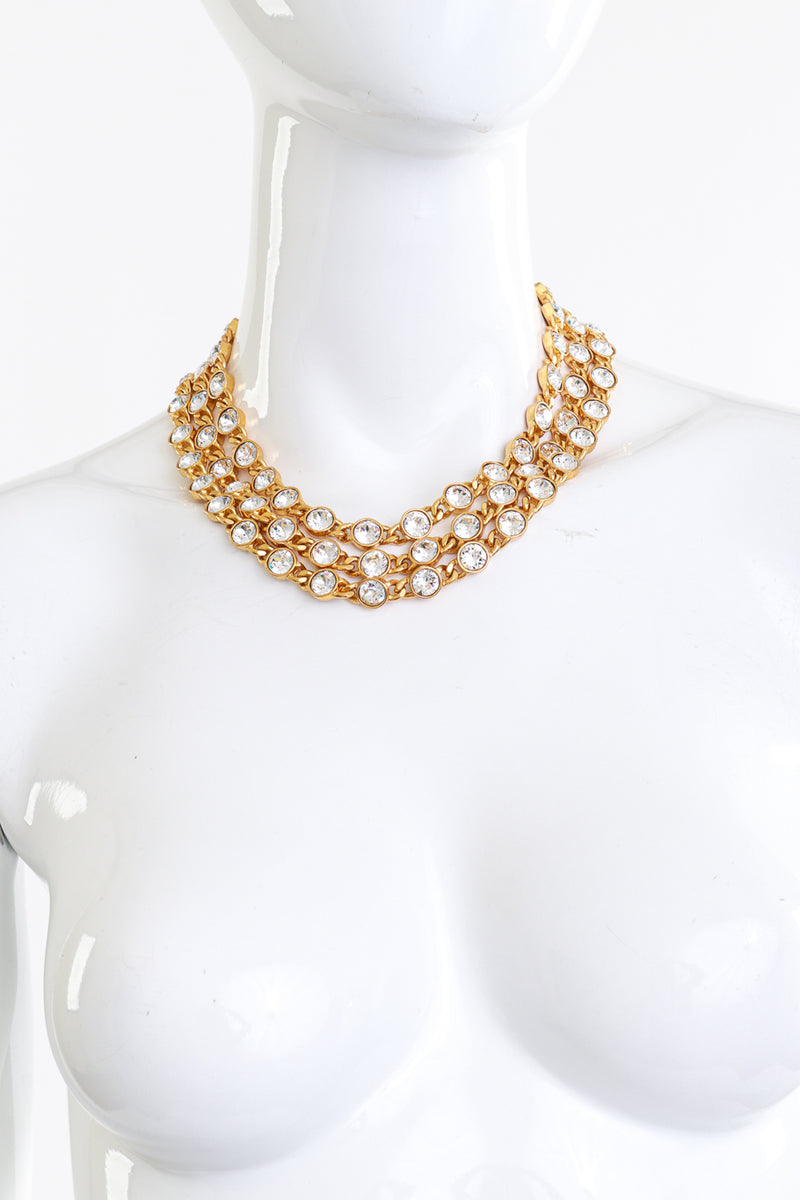 Vintage Kenneth Jay Lane 3-Strand Gold Crystal Chiclet Collar Necklace on mannequin @recess la