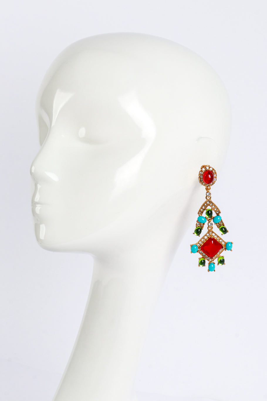 Vintage Kenneth Jay Lane Crystal & Candy Cabochon Chandelier Earrings on mannequin @recess la