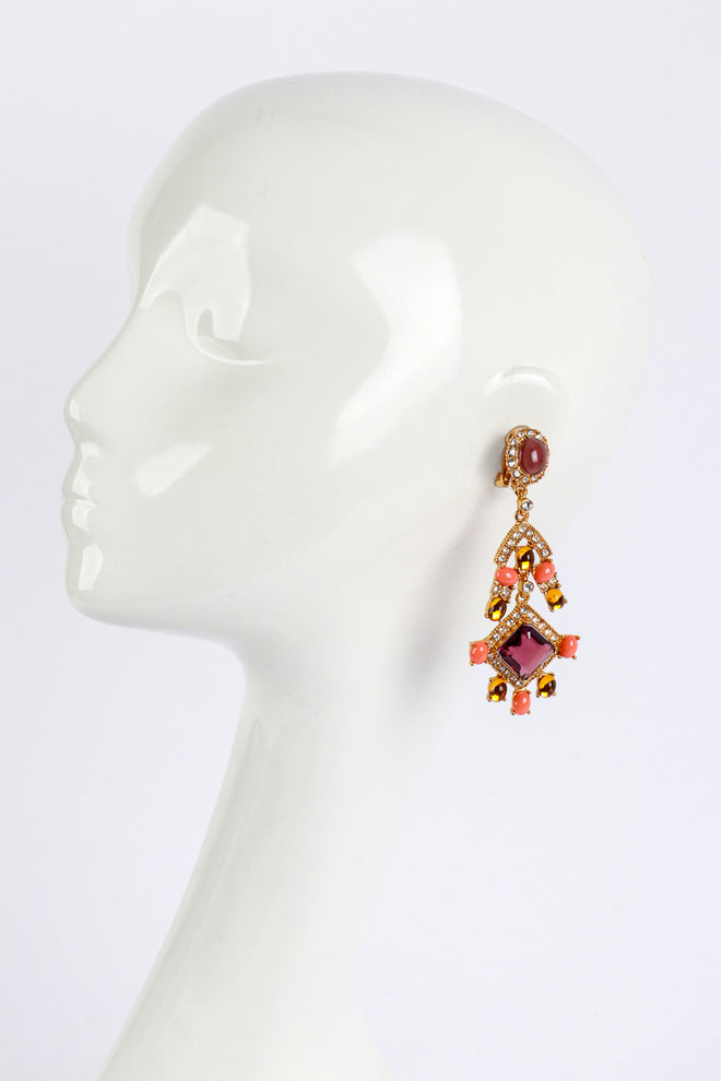 Vintage Kenneth Jay Lane Crystal & Vermillion Cabochon Chandelier Earrings on mannequin @recess la