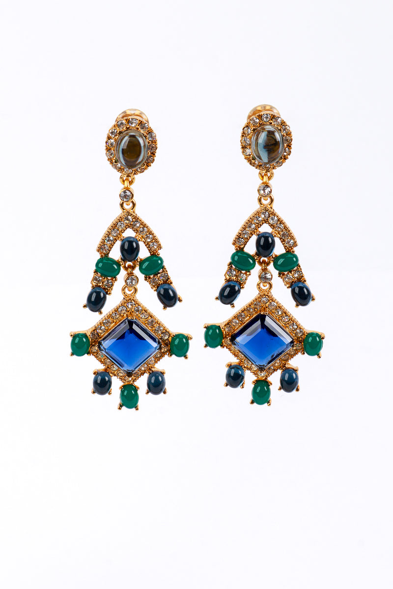 Vintage Kenneth Jay Lane Crystal & Byzantine Cabochon Chandelier Earrings front @recess la