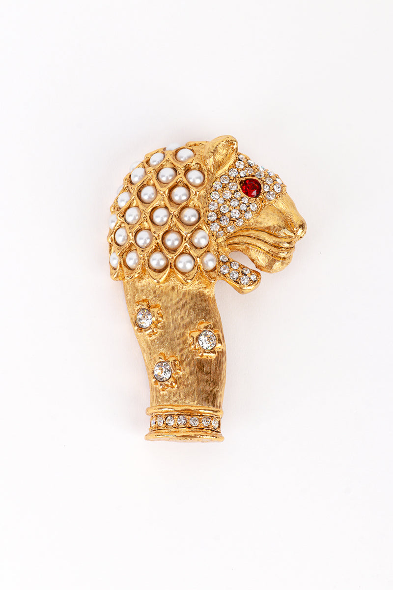 Vintage Kenneth Jay Lane Crystal & Pearl Mughal Lion Brooch front @recess la