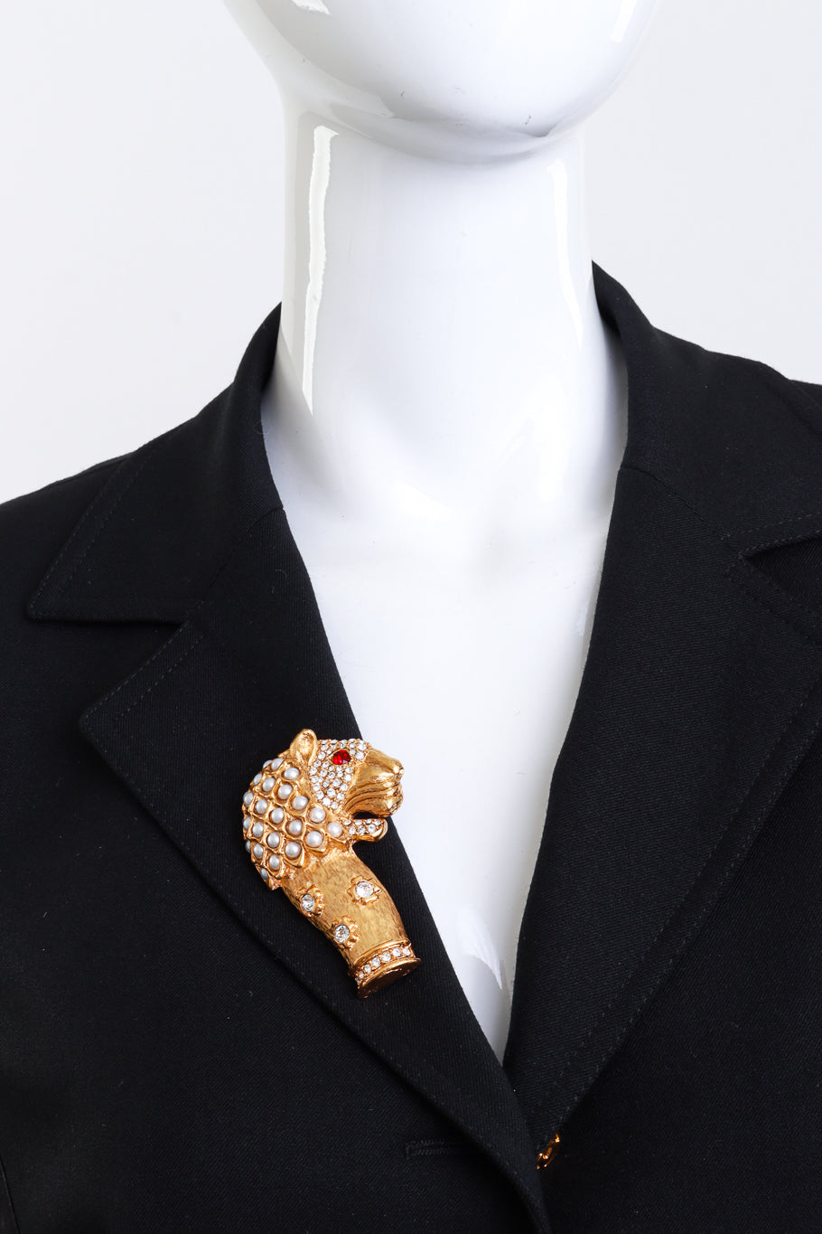 Vintage Kenneth Jay Lane Crystal & Pearl Mughal Lion Brooch on mannequin @recess la