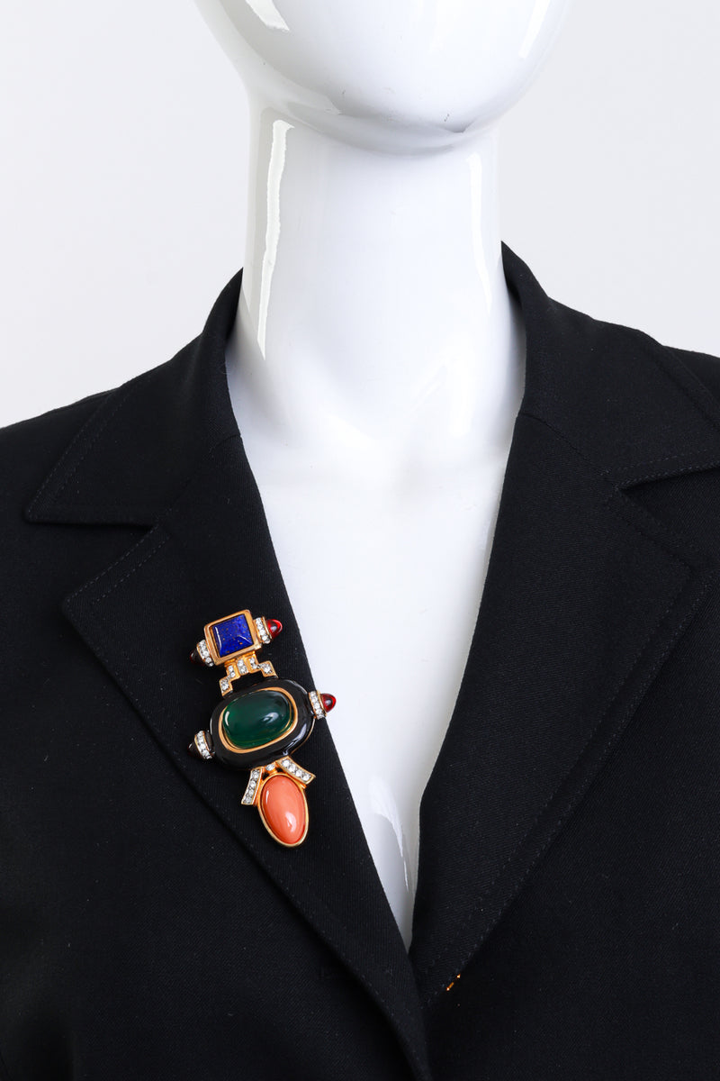 Vintage Kenneth Jay Lane Art Deco Emerald Cabochon Bar Brooch on mannequin @recess la