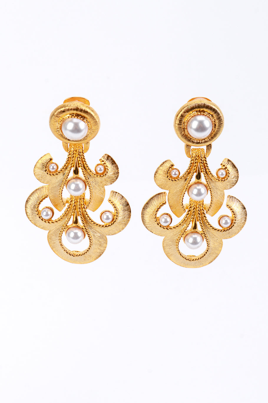 Vintage Kenneth Jay Lane Golden Pearl Fleur di Lis Chandelier Earrings front @recess la