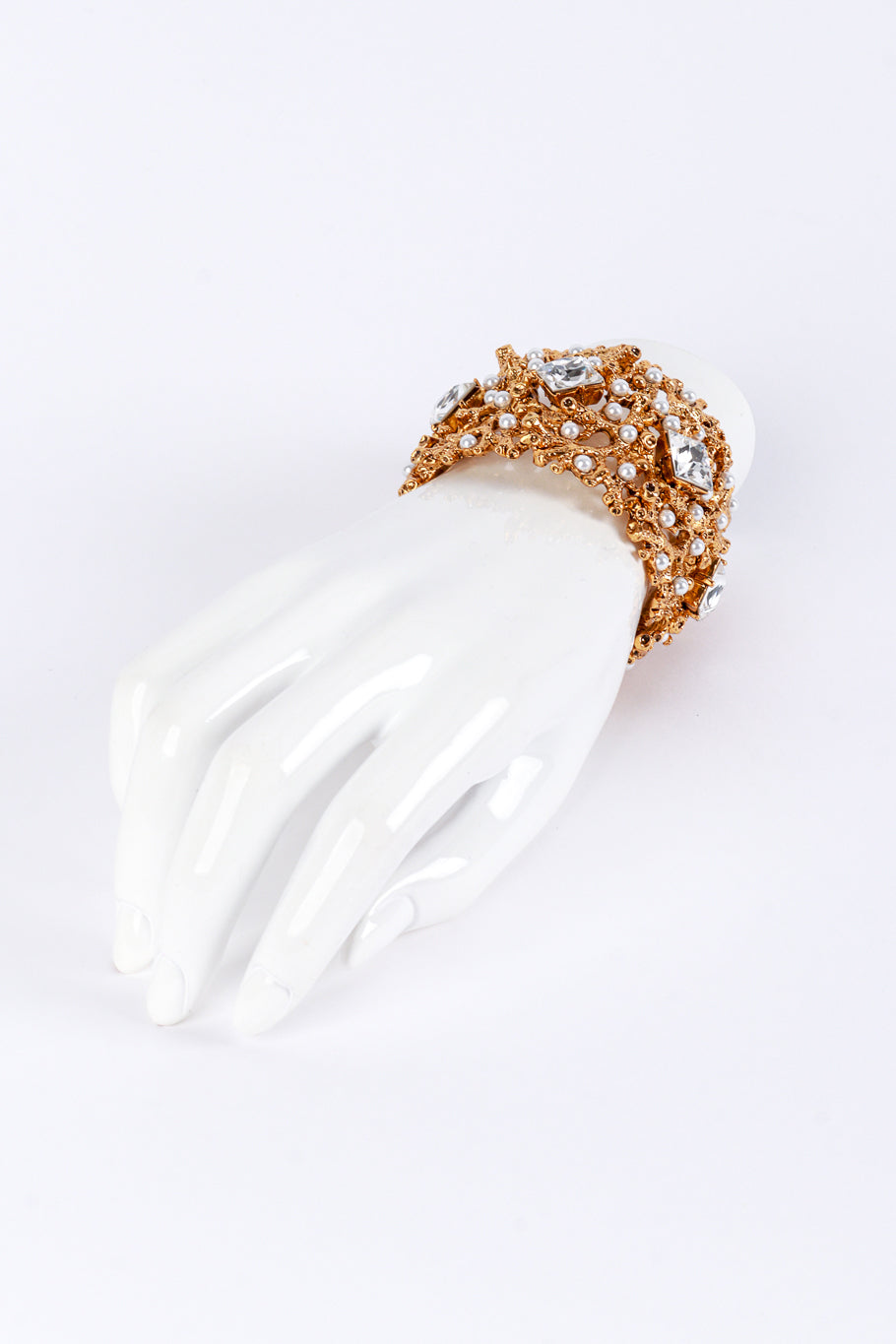 Vintage Kenneth Jay Lane Bejeweled Coral Branch Bangle Cuff on mannequin hand @recess la