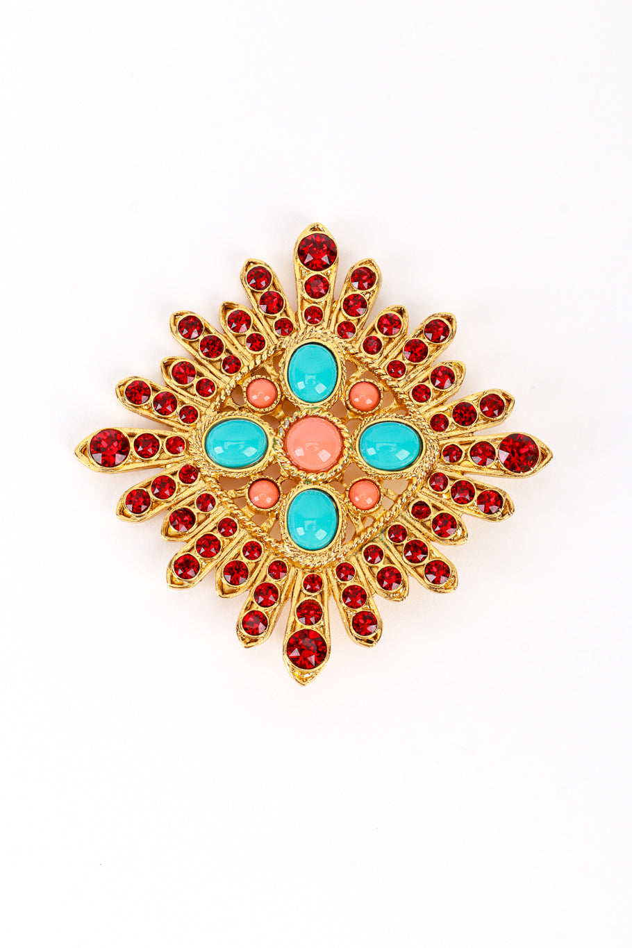 Vintage Kenneth Jay Lane Bejeweled Aztec Sunburst Brooch front @recess la