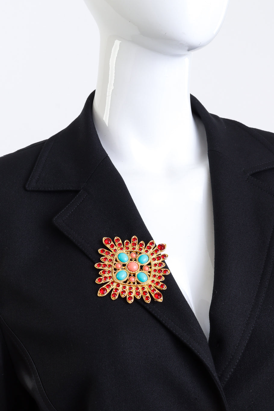 Vintage Kenneth Jay Lane Bejeweled Aztec Sunburst Brooch on mannequin @recess la