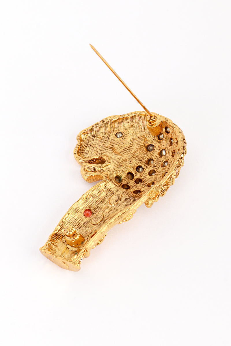 Vintage Kenneth Jay Lane Warm Crystal Mughal Lion Brooch back pin open @recess la