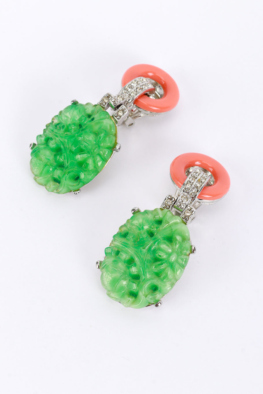 Kenneth Jay Lane Carved Jade Drop Deco Earrings detail @recess la