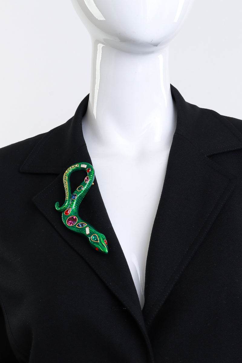 Vintage Kenneth Jay Lane Bejeweled Slithering Snake Brooch on mannequin @recess la