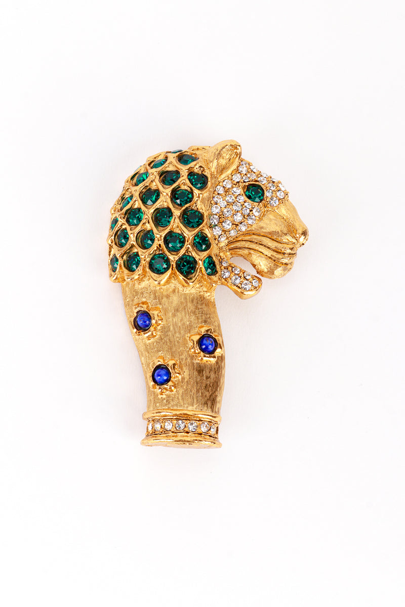 Vintage Kenneth Jay Lane Emerald Crystal Mughal Lion Brooch front @recess la