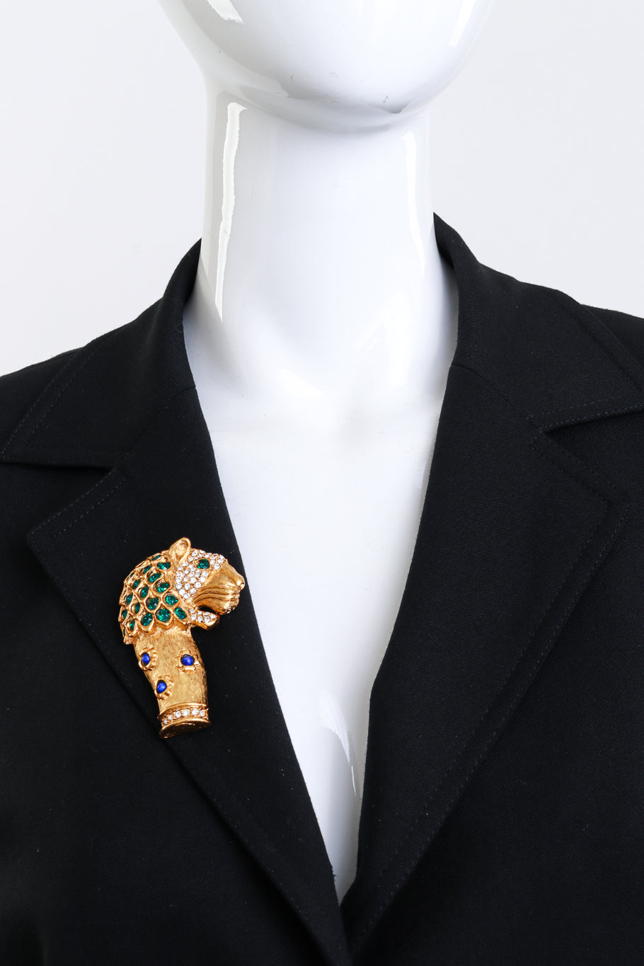 Vintage Kenneth Jay Lane Emerald Crystal Mughal Lion Brooch on mannequin @recess la