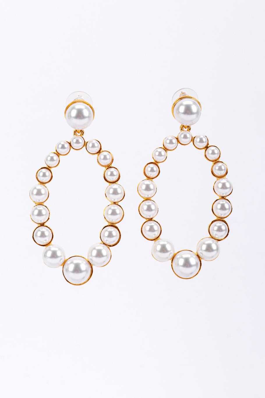 Vintage Kenneth Jay Lane Pearl Oval Hoop Drop Earrings front @recess la