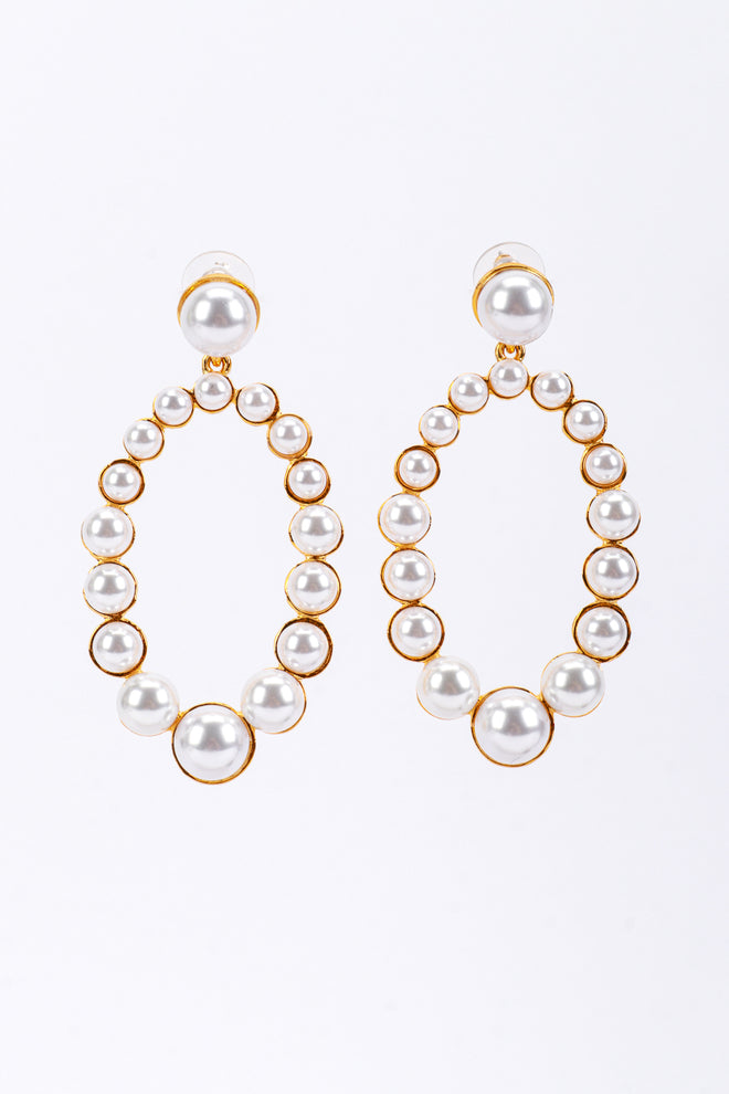 Vintage Kenneth Jay Lane Pearl Oval Hoop Drop Earrings front @recess la