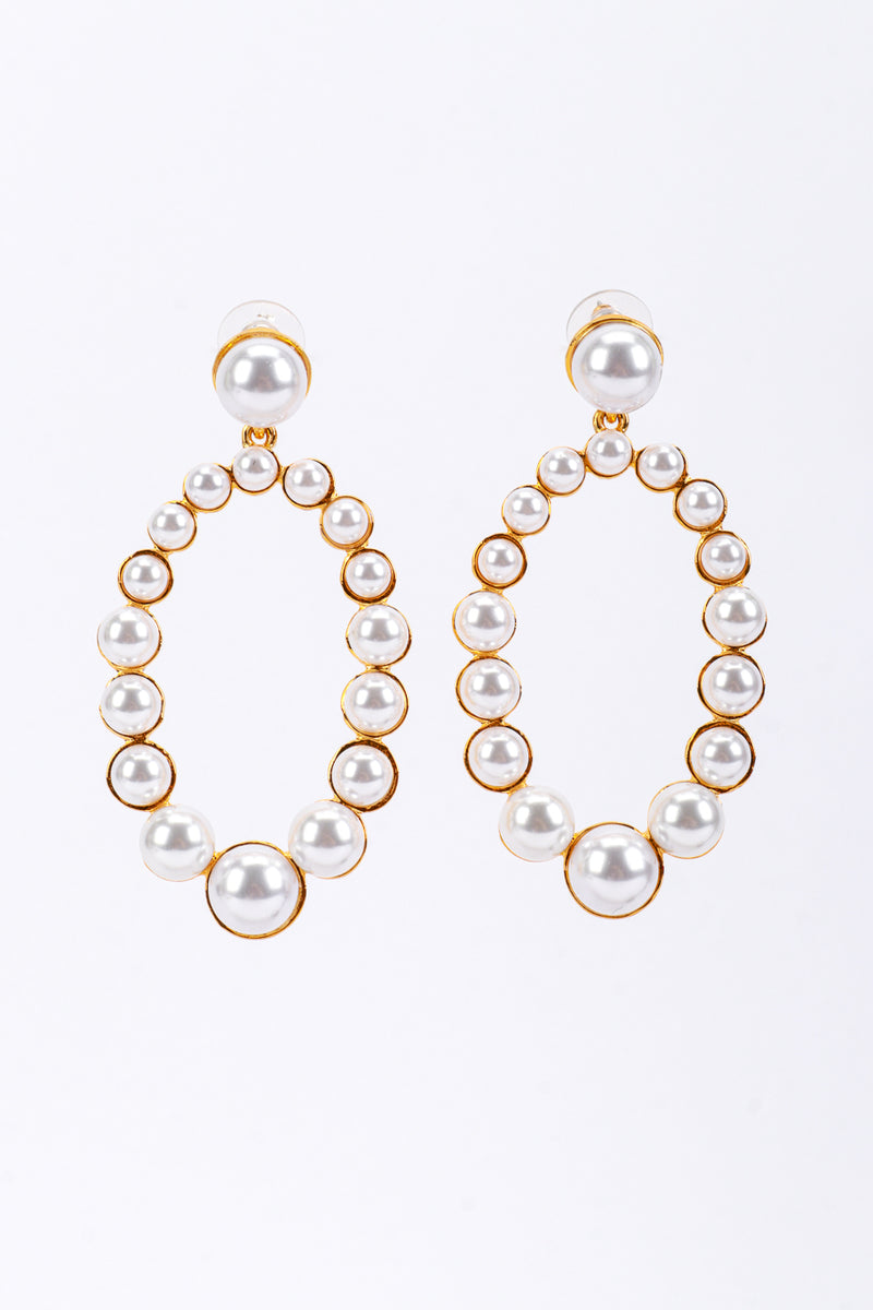 Vintage Kenneth Jay Lane Pearl Oval Hoop Drop Earrings front @recess la