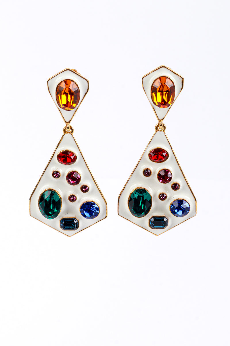 Vintage Kenneth Jay Lane White Enamel & Crystals Geo Drop Earrings front @recess la