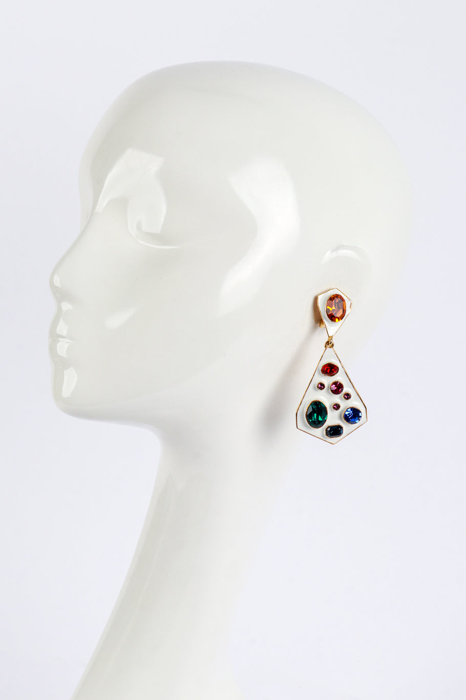 Vintage Kenneth Jay Lane White Enamel & Crystals Geo Drop Earrings on mannequin @recess la